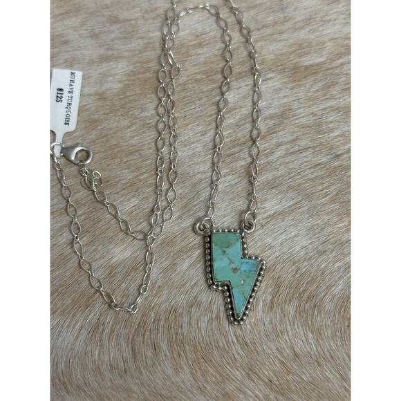 Native American SW Sterling Silver Blue Turquoise Lightning Bolt Necklace 925 - Picture 2 of 11